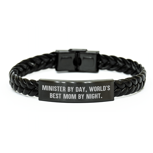 Minister Gifts, Father's Day Unique Gifts from Men, Interlaced Leather Bracelet 'Minister By Day, World's Best Mom By Night.' - Victory Thru Vision 