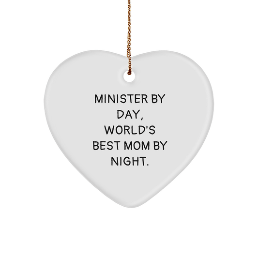 Minister Gifts for Christmas - 'Minister By Day, World's Best Mom By Night.' Heart Ornament for Family, Friends, or Coworkers - Victory Thru Vision 