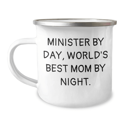 Minister Gifts for Men, Funny Camping Mug with Quote 'Minister By Day, World's Best Mom By Night.', Gifts from Family for Father's Day - Victory Thru Vision 