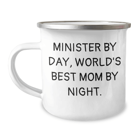 Minister Gifts for Men, Funny Camping Mug with Quote 'Minister By Day, World's Best Mom By Night.', Gifts from Family for Father's Day - Victory Thru Vision 
