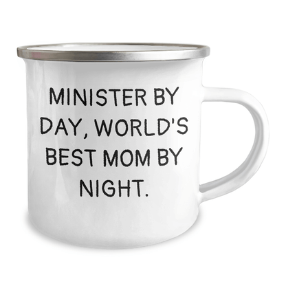Minister Gifts for Men, Funny Camping Mug with Quote 'Minister By Day, World's Best Mom By Night.', Gifts from Family for Father's Day - Victory Thru Vision 