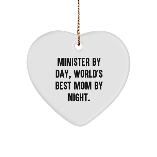 Minister Gifts from Family, Heart Ornament with Funny Quote 'Minister By Day, World's Best Mom By Night.', Perfect for Christmas - Victory Thru Vision 