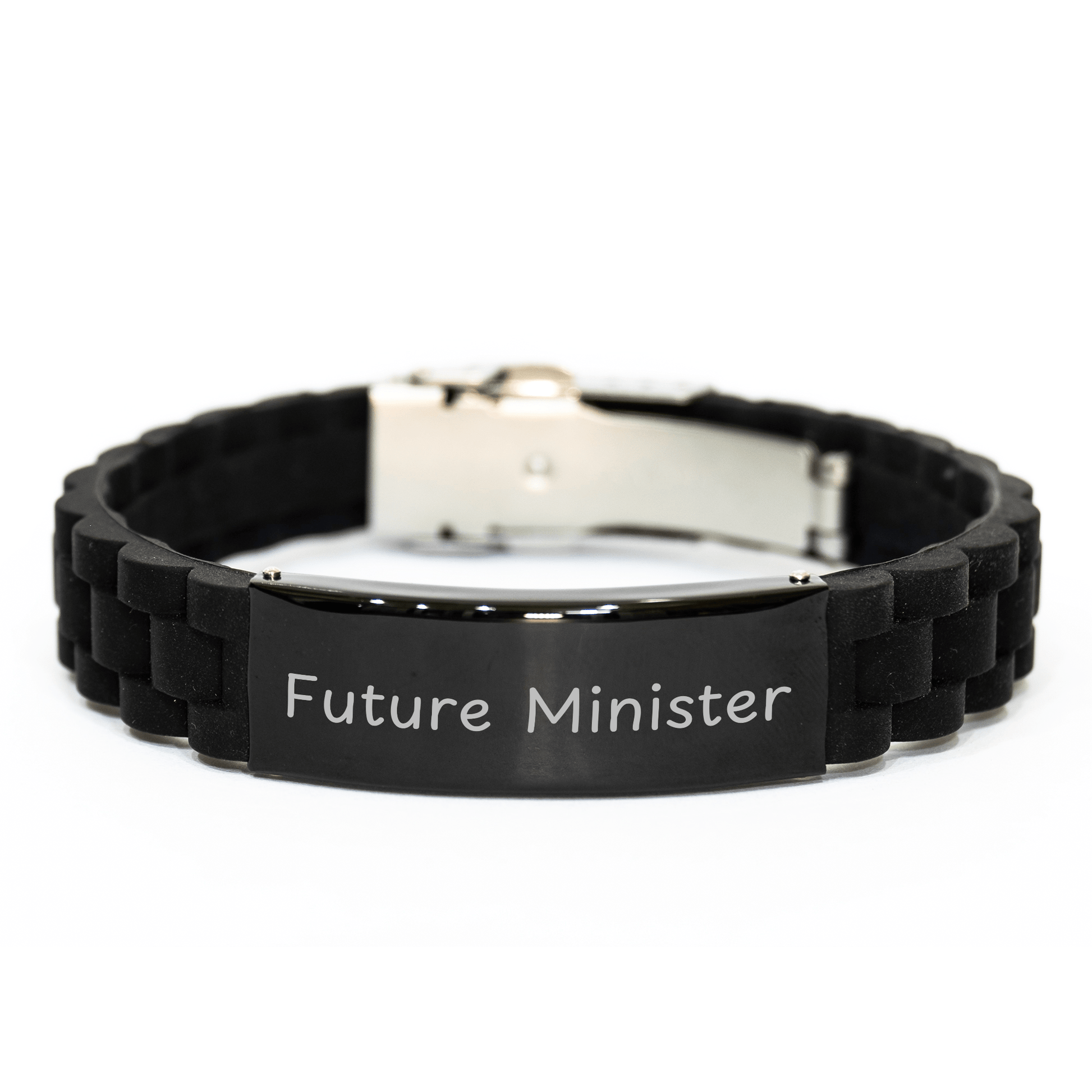 Minister Gifts from Friends, Funny Quote Inspirational Graduation Unique Gifts for Future Minister, Glide lock Clasp Adjustable Black Silicone Stainless Steel - Victory Thru Vision