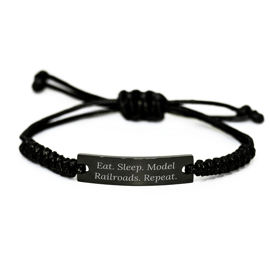 Model Railroads Enthusiasts' Gift, Eat. Sleep. Model Railroads. Repeat. Rope Bracelet for Men, Funny Quote, Adjustable Black Stainless Steel, Father's Day Unique Gifts from Family - Victory Thru Vision 