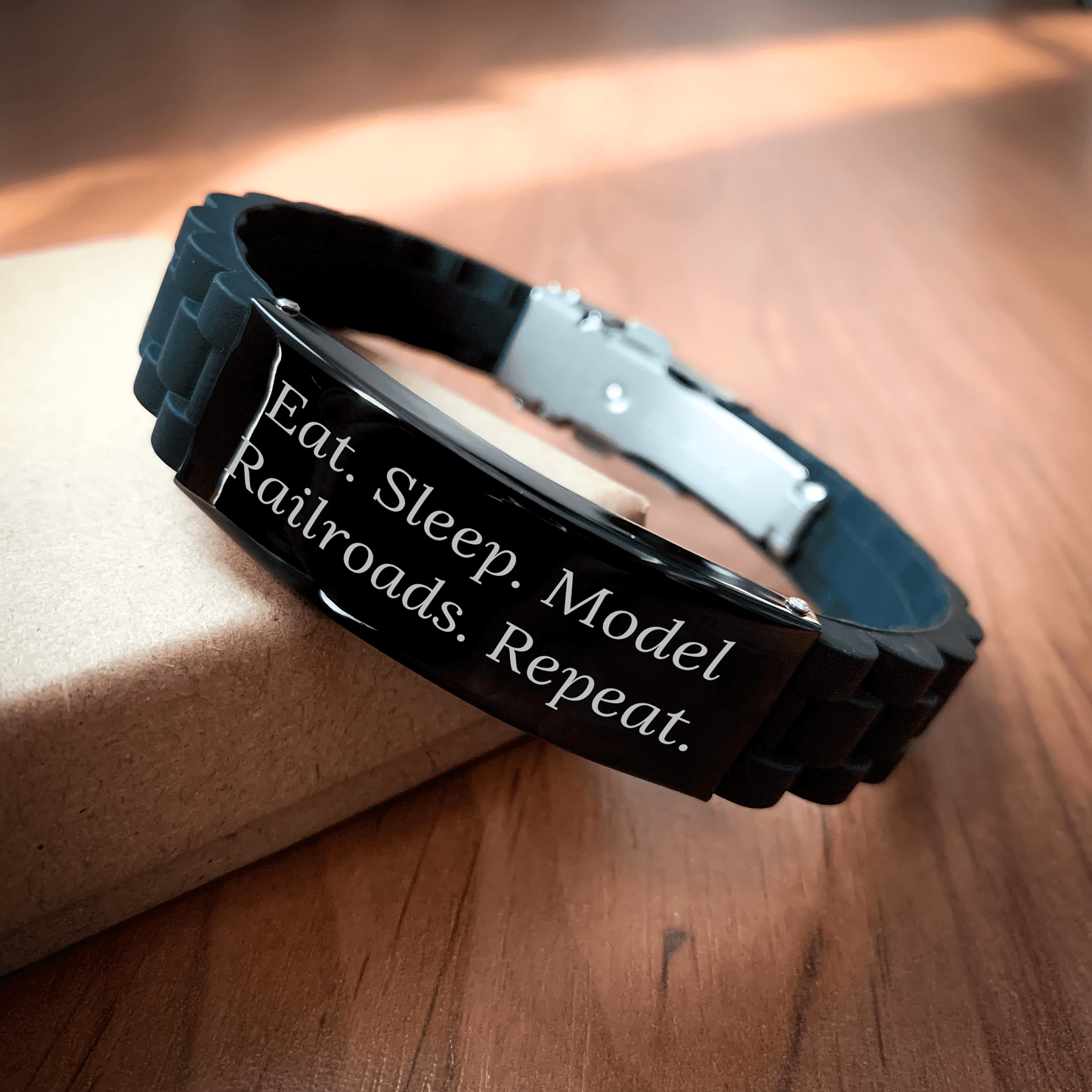 Model Railroads Enthusiasts' Gift from Friends - Eat. Sleep. Model Railroads. Repeat. - Glide lock Clasp Black Stainless Steel Silicone Adjustable Bracelet for Men's Father's Day - Victory Thru Vision 