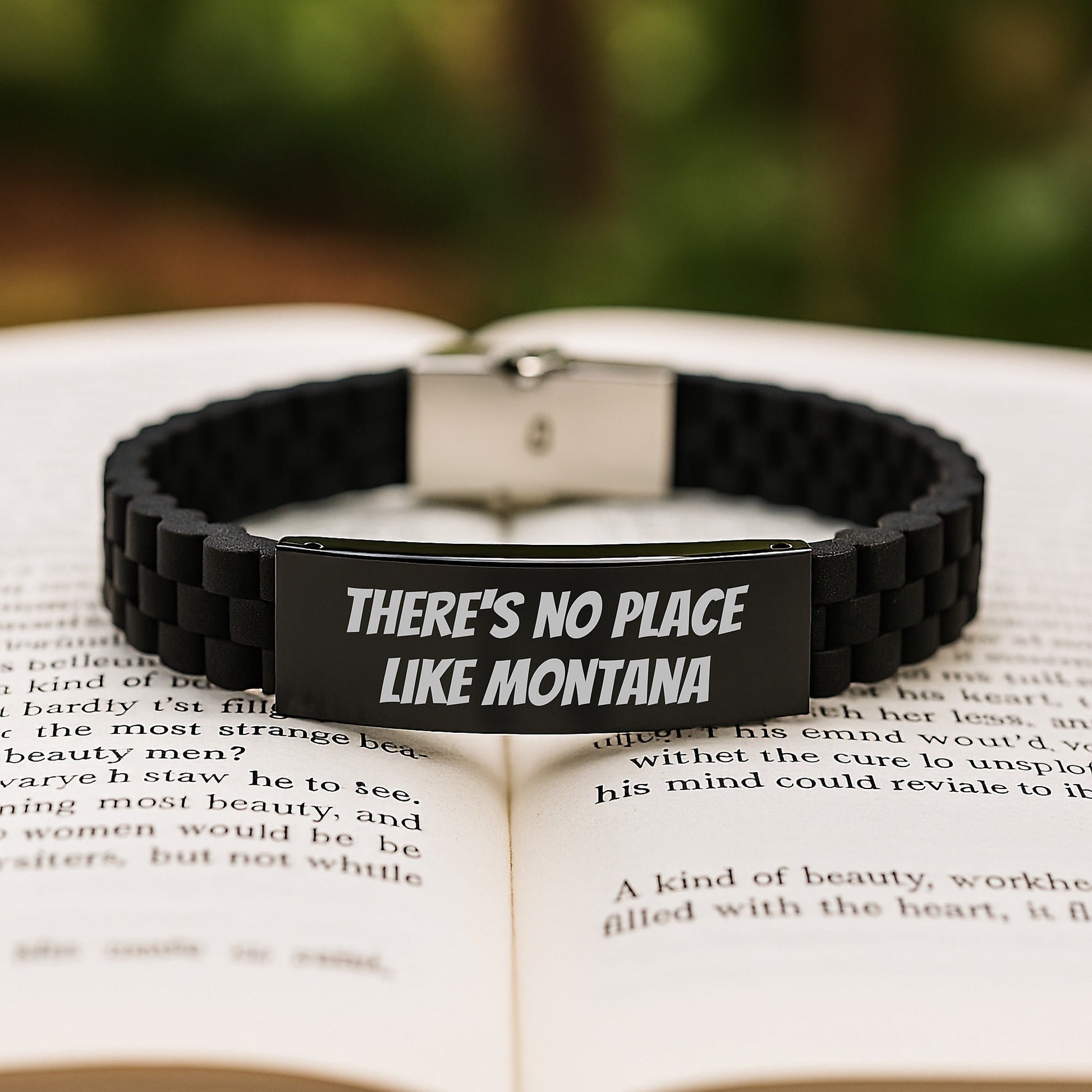 Montana Gifts from Friends - Inspirational Glide lock Clasp Birthday Jewelry, 'There's No Place Like Montana' Quote, Adjustable Black Silicone Stainless Steel Silver Clasp - Victory Thru Vision