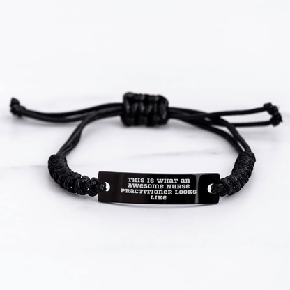 Nurse Practitioner Gifts from Friends, Inspirational Rope Bracelet for Graduation, 'This Is What An Awesome Nurse Practitioner Looks Like' Quote, Adjustable Black Stainless Steel and Interlaced Rope - Victory Thru Vision