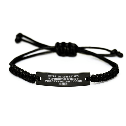 Nurse Practitioner Gifts from Friends, Inspirational Rope Bracelet for Graduation, 'This Is What An Awesome Nurse Practitioner Looks Like' Quote, Adjustable Black Stainless Steel and Interlaced Rope - Victory Thru Vision