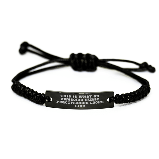 Nurse Practitioner Gifts from Friends, Inspirational Rope Bracelet for Graduation, 'This Is What An Awesome Nurse Practitioner Looks Like' Quote, Adjustable Black Stainless Steel and Interlaced Rope - Victory Thru Vision