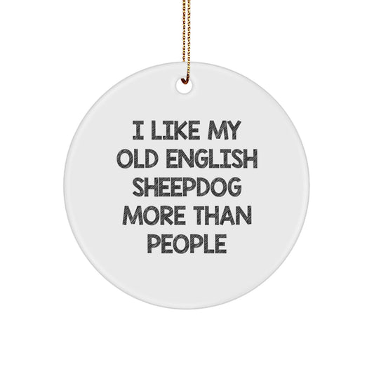 Old English Sheepdog Lovers' Funny Circle Ornaments, Gifts from Family for Friends, 'I Like My Old English Sheepdog More Than People' Quote, Christmas Decorations - Victory Thru Vision