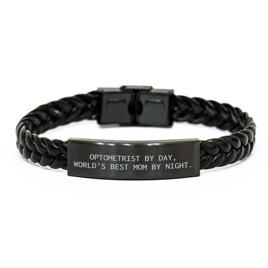 Optometrist Gifts for Him - 'Optometrist By Day, World's Best Mom By Night.' Interlaced Leather Bracelet, Father's Day Unique Gifts from Men - Victory Thru Vision 
