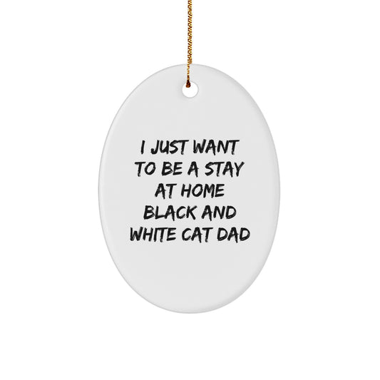Funny Black and White Cat Dad Gift Ideas for Him, Oval Ornament with Quote 'I Just Want To Be A Stay At Home Black And White Cat Dad' Christmas Unique Gifts from Men to Family - Image 1