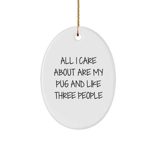 Pug Dog Lovers Gifts from Friends, Family, or Coworkers - All I Care About Are My Pug And Like Three People Oval Ornament for Pug Dog Enthusiasts, Men, Women, and Christmas Decor - Image 1