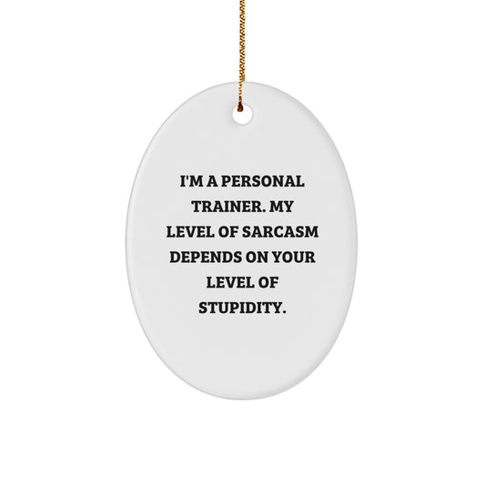 Funny Personal Trainer Gifts Oval Ornament I'm A Personal Trainer My Level Of Sarcasm Depends On Your Level Of Stupidity, Personal Trainer Christmas Unique Gifts, Oval Shaped White - Image 1