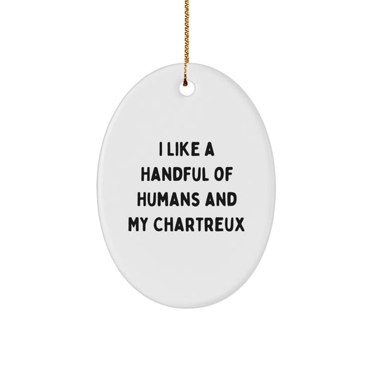 Funny Chartreux Cat Gifts for Men Women Friends Family - Oval Ornament I Like A Handful Of Humans And My Chartreux - Image 1