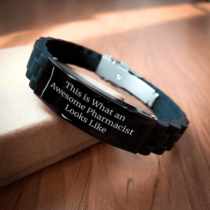 Pharmacist Gifts from Friends - 'This Is What An Awesome Pharmacist Looks Like' Glide lock Clasp Black Stainless Steel Silicone Adjustable Graduation - Victory Thru Vision