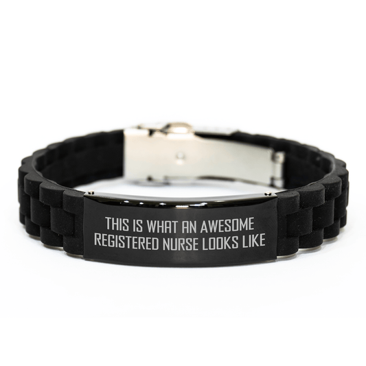 Registered Nurse Gifts from Men, Inspirational Quote Funny Sayings, Glide lock Clasp Black Stainless Steel Silicone Adjustable Mother's Day Unique Gifts for Registered Nurse Women Coworkers Family - Victory Thru Vision 