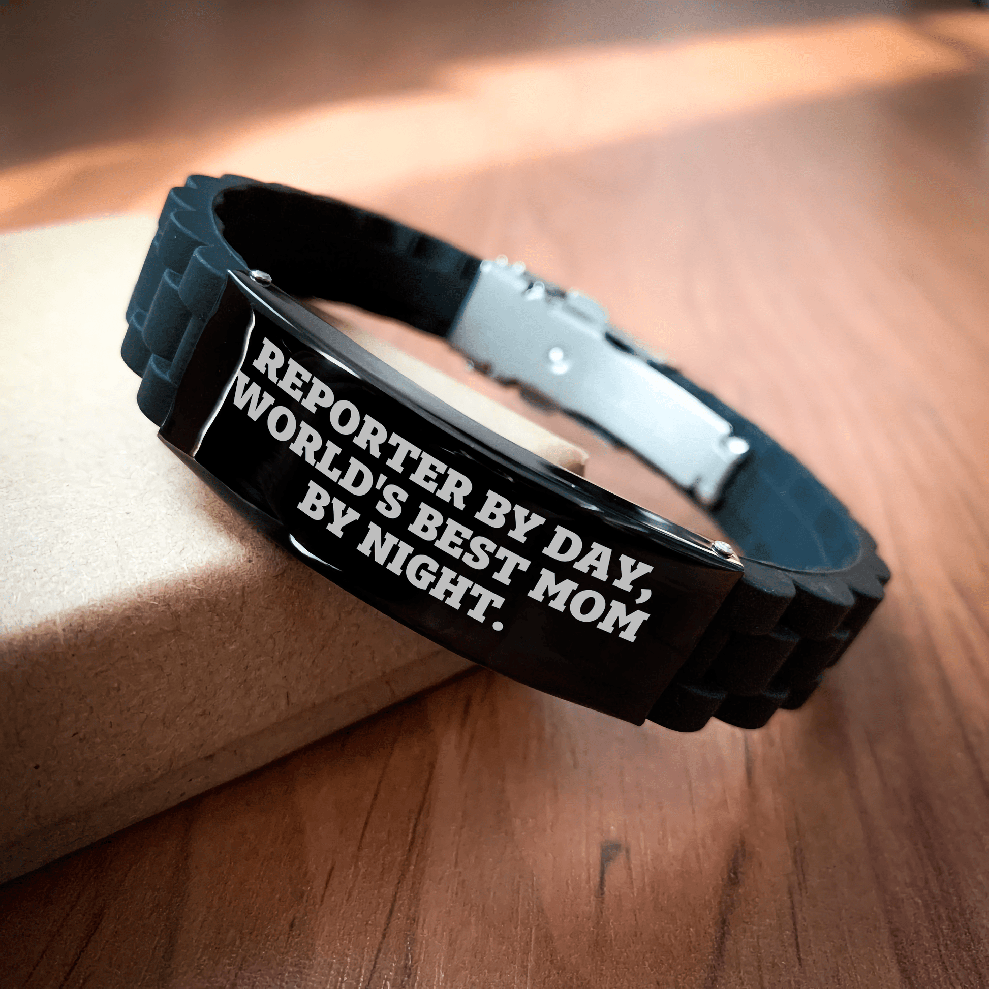 Reporter By Day, World's Best Mom By Night. Gifts for Reporters, Graduation Unique Gifts from Mom, Adjustable Glide lock Clasp Bracelet - Victory Thru Vision