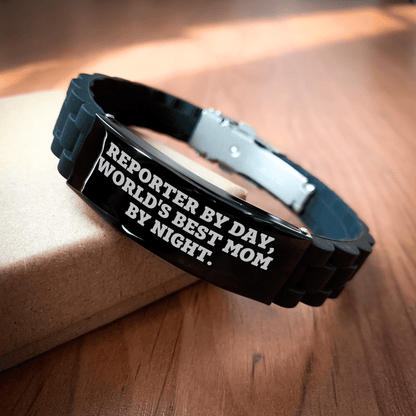 Reporter By Day, World's Best Mom By Night. Gifts for Reporters, Graduation Unique Gifts from Mom, Adjustable Glide lock Clasp Bracelet - Victory Thru Vision