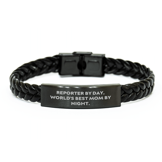 Reporter Gifts from Mom - Inspirational Interlaced Leather Bracelet for Reporter By Day, World's Best Mom By Night. - Unique Graduation Gift for Him or Her - Victory Thru Vision