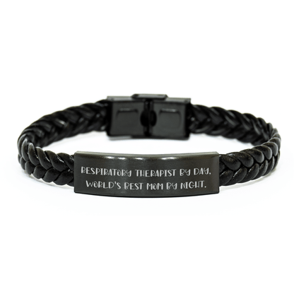Respiratory Therapist Gifts Funny Quote Interlaced Leather Bracelet, Gifts from Family to Respiratory Therapist, World's Best Mom By Night. - Victory Thru Vision 