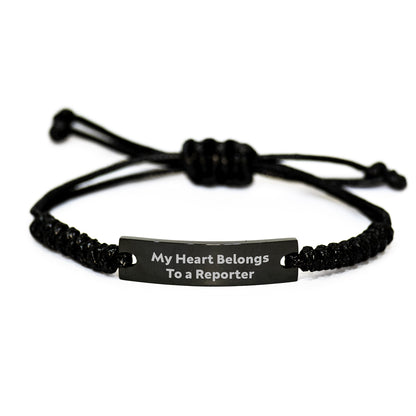Reporter's Heart Rope Birthday Unique Gift for Her from Friends, 'My Heart Belongs To A Reporter' Quote, Black Adjustable Rope Bracelet, Gifts for Women - Image 1