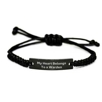 Funny Warden Gifts from Friends Rope Bracelet, My 'Heart Belongs To A Warden' Quote, Christmas Unique Jewelry for Men Warden - Image 1