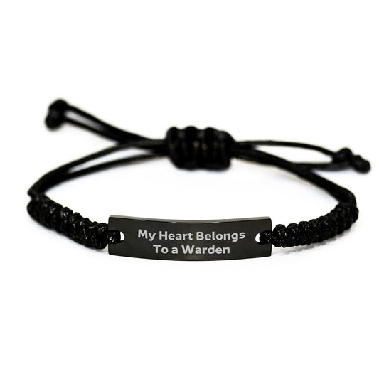 Funny Warden Gifts from Friends Rope Bracelet, My 'Heart Belongs To A Warden' Quote, Christmas Unique Jewelry for Men Warden - Image 1