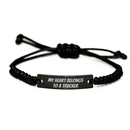 Funny Trucker Gifts for Him from Friends, Christmas Unique Trucker Rope Bracelet Quotes 'My Heart Belongs To A Trucker' - Image 1