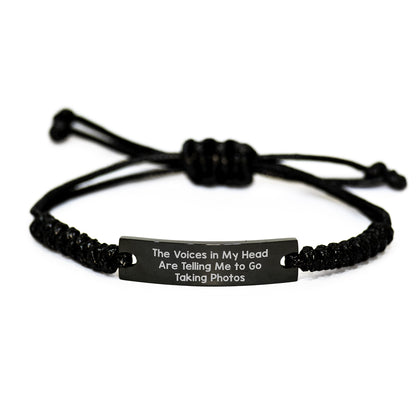 Funny Taking Photos Rope Bracelet, Gifts from Friends, Christmas Unique Gifts, Black Stainless Steel with Interlaced Rope, Inspirational Quote for Taking Photos Enthusiasts - Image 1