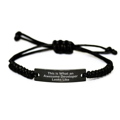 Funny Developer Gifts Rope Bracelet, 'This Is What An Awesome Developer Looks Like', Valentine's Unique Gifts for Developer, Adjustable Black Stainless Steel Rope - Image 1