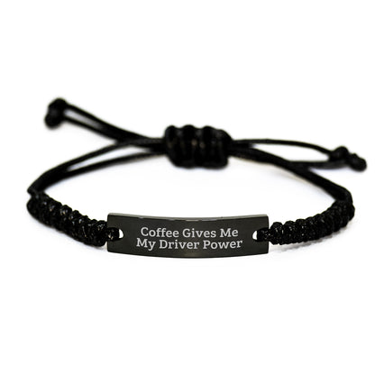 Funny Driver Gifts for Him, Rope Bracelet with 'Coffee Gives Me My Driver Power', Black Stainless Steel and Interlaced Rope, Adjustable for Men, Unique Christmas Unique Gifts from Friends - Image 1