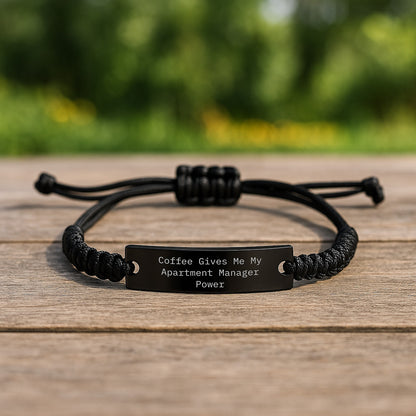 Funny Apartment Manager Rope Bracelet Gifts from Friends for Birthday, Coffee Gives Me My Apartment Manager Power, Adjustable Black Cord with Stainless Steel Engraving, Perfect for Coworkers - Image 2