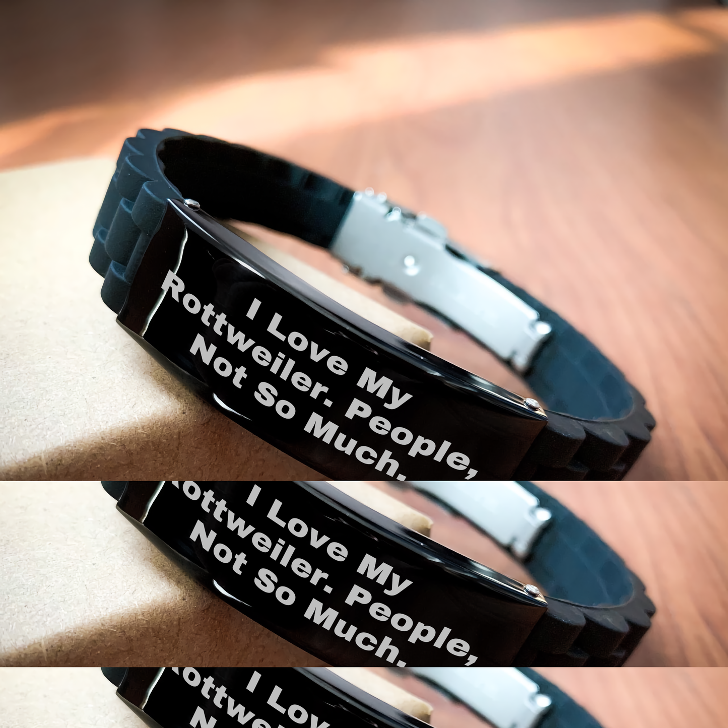 Rottweiler Dog Lovers' Funny Gifts, 'I Love My Rottweiler. People, Not So Much.' Glide lock Clasp Black Stainless Steel Bracelet, Gifts from Men to Rottweiler Dog Owners on Father's Day - Victory Thru Vision 