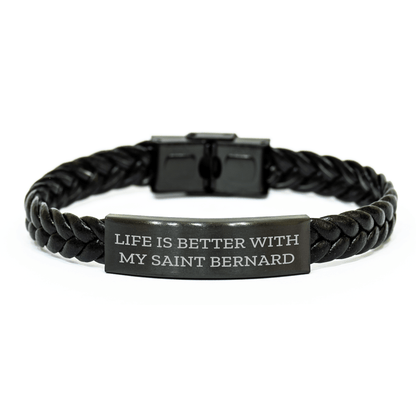 Saint Bernard Dog Enthusiasts Gifts from Men to Friends - Life Is Better With My Saint Bernard Interlaced Leather Bracelet, Unique Father's Day Unique Gift for Him - Victory Thru Vision