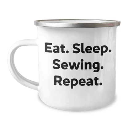 Sewing Enthusiasts Gifts from Family for Sewing Graduation - 'Eat. Sleep. Sewing. Repeat.' Funny Camping Mug - Victory Thru Vision 