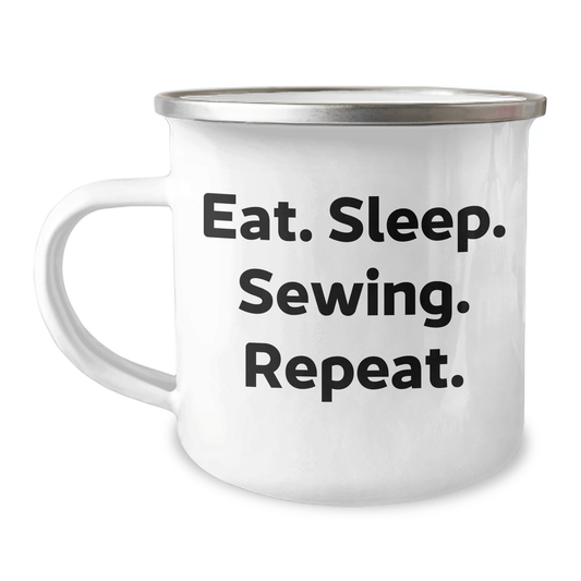 Sewing Enthusiasts Gifts from Family for Sewing Graduation - 'Eat. Sleep. Sewing. Repeat.' Funny Camping Mug - Victory Thru Vision 