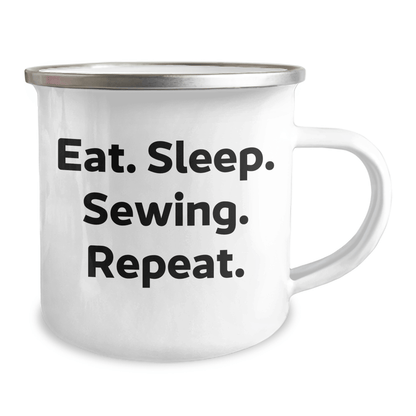 Sewing Enthusiasts Gifts from Family for Sewing Graduation - 'Eat. Sleep. Sewing. Repeat.' Funny Camping Mug - Victory Thru Vision 