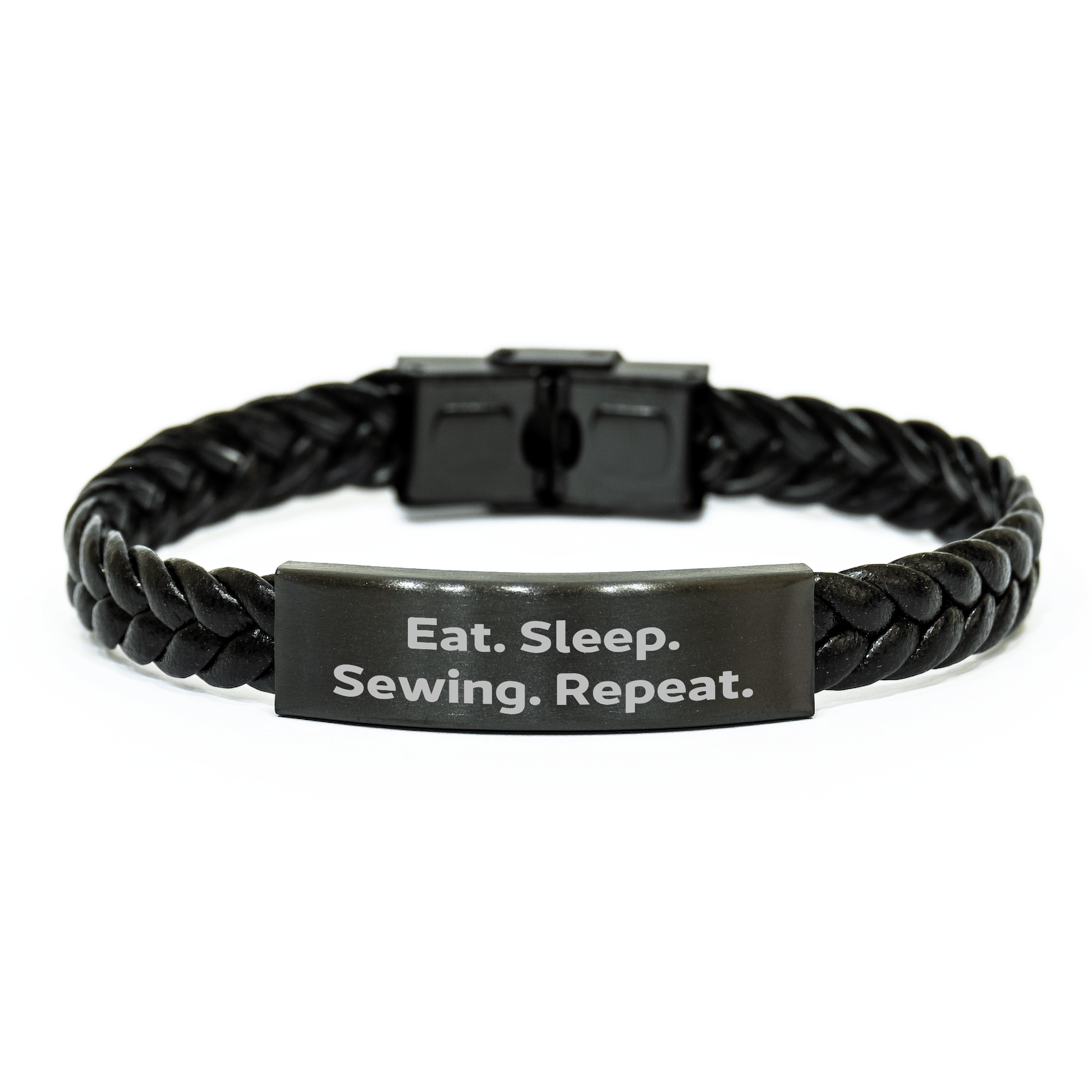 Sewing Enthusiasts Gifts from Friends and Family - Interlaced Leather Graduation Repeat Motif, Eat. Sleep. Sewing. Repeat. - Victory Thru Vision 