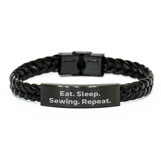 Sewing Enthusiasts Gifts from Friends and Family - Interlaced Leather Graduation Repeat Motif, Eat. Sleep. Sewing. Repeat. - Victory Thru Vision 