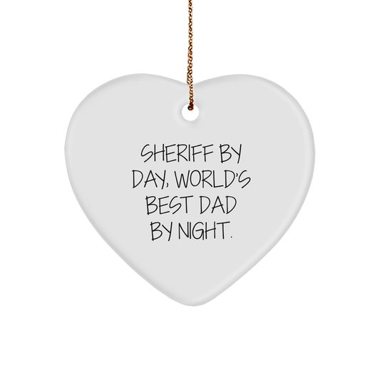 Sheriff Gifts: 'Sheriff By Day, World's Best Dad By Night.' Heart Ornament, Sheriff Christmas Unique Gifts from Family, Sheriff Heart Ornament for Sheriff, Heart Ornament Gifts for Sheriff - Victory Thru Vision