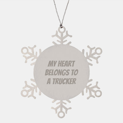 Trucker Christmas Unique Gifts from Friends - Funny Snowflake Ornament for Men - My Heart Belongs To A Trucker Keepsake - Image 1