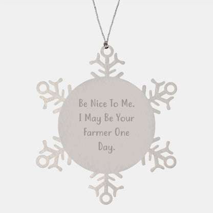 Funny Farmer Gifts for Men, Snowflake Ornament 'Be Nice To Me. I May Be Your Farmer One Day.' from Family, 3.14 inches Shatterproof Stainless Steel - Image 1