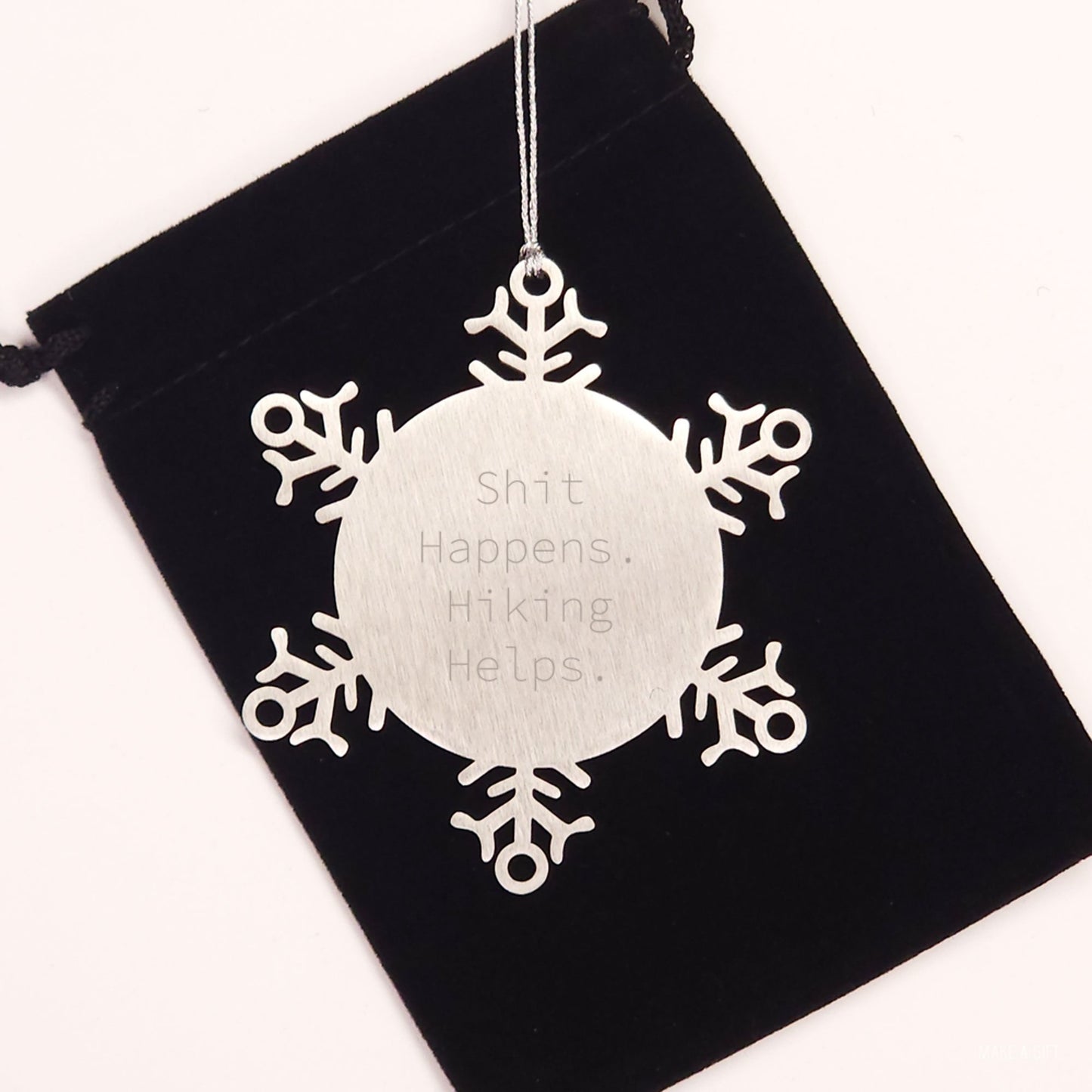 Funny Hiking Gifts for Friends and Family - Shit Happens. 'Hiking Helps.' Snowflake Ornament, Hiking Christmas Unique Gifts from Men, Women, Coworkers - Image 2