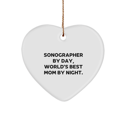 Sonographer Gifts from Friends, 'Sonographer By Day, World's Best Mom By Night.' Heart Ornament, Christmas Unique Presents for Men, Women, Family, and Coworkers - Victory Thru Vision 