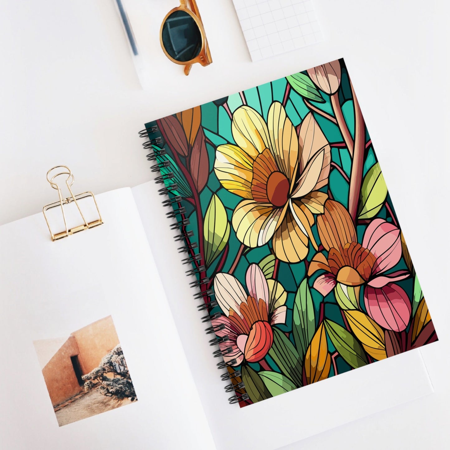 Stained Glass Flower Spiral Notebook, Ruled Line Journal, Floral Notebook, Pretty Floral Diary, Gift for Stationery Lover - Victory Thru Vision