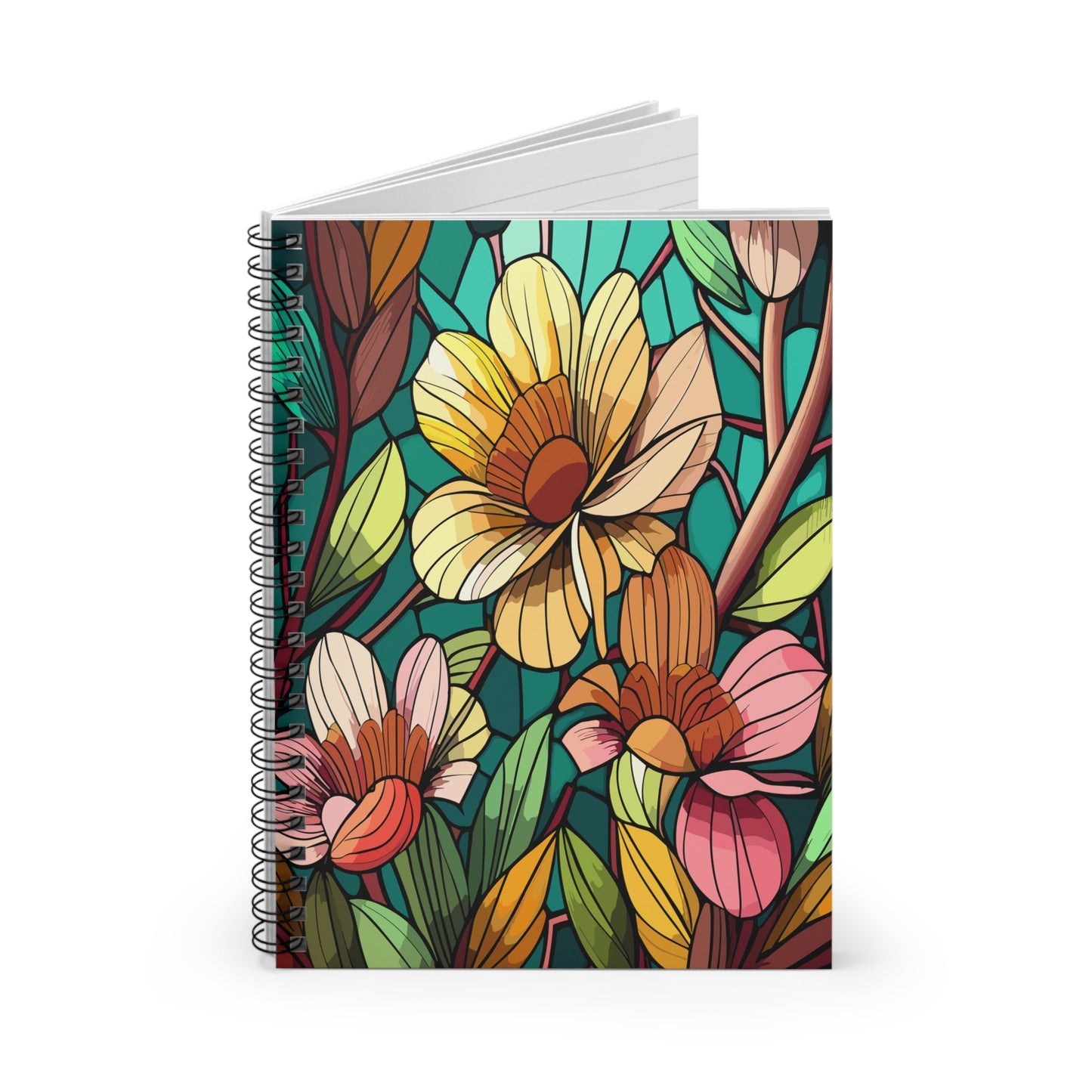 Stained Glass Flower Spiral Notebook, Ruled Line Journal, Floral Notebook, Pretty Floral Diary, Gift for Stationery Lover - Victory Thru Vision