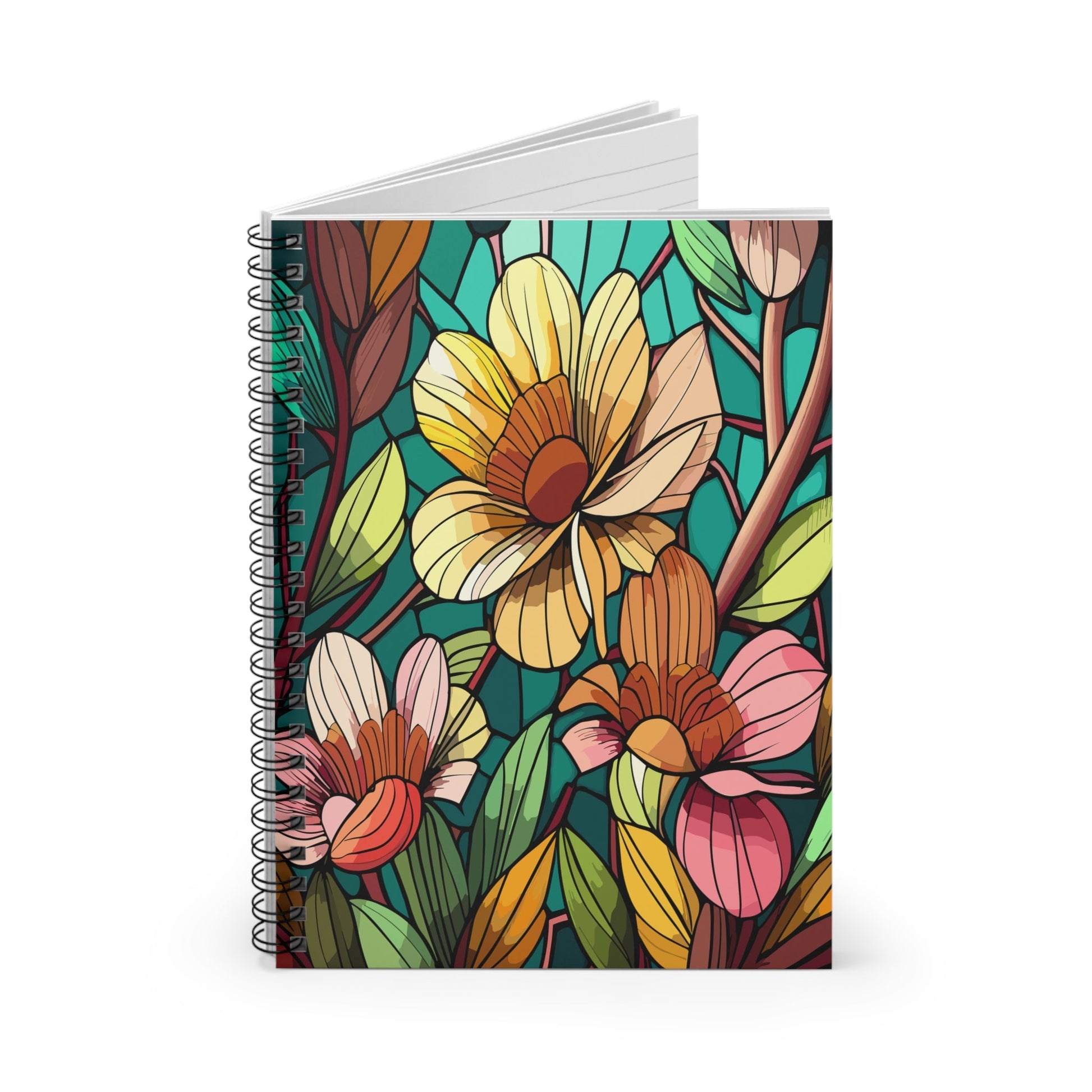 Stained Glass Flower Spiral Notebook, Ruled Line Journal, Floral Notebook, Pretty Floral Diary, Gift for Stationery Lover - Victory Thru Vision