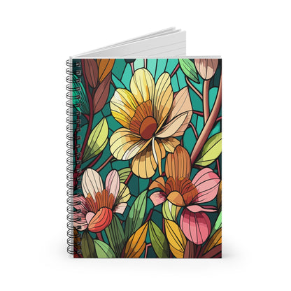 Stained Glass Flower Spiral Notebook, Ruled Line Journal, Floral Notebook, Pretty Floral Diary, Gift for Stationery Lover - Victory Thru Vision