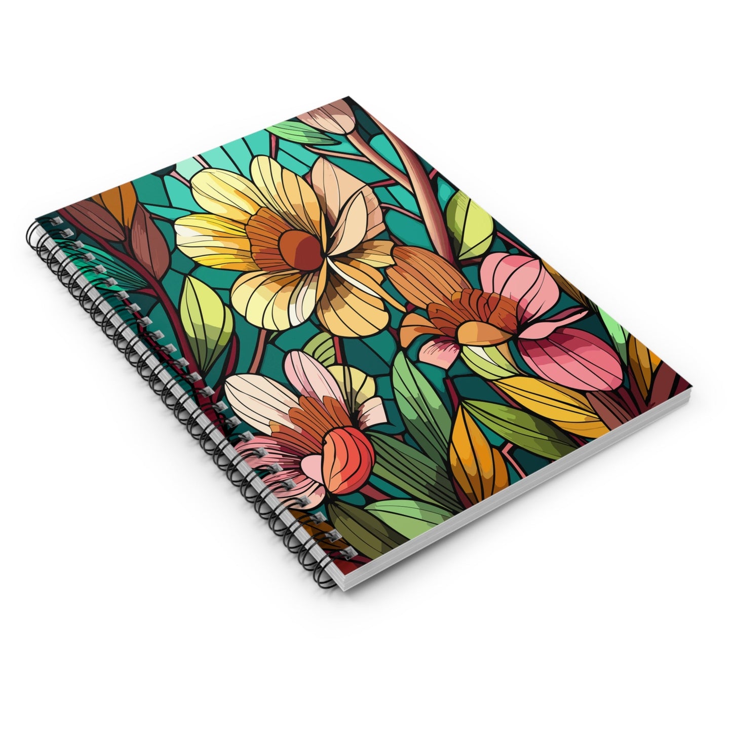 Stained Glass Flower Spiral Notebook, Ruled Line Journal, Floral Notebook, Pretty Floral Diary, Gift for Stationery Lover - Victory Thru Vision